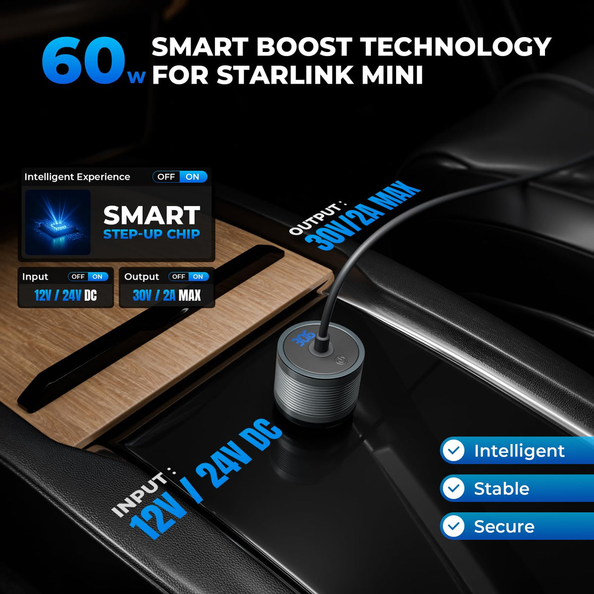 60W Step-Up Car Charger Adapter for Starlink Mini