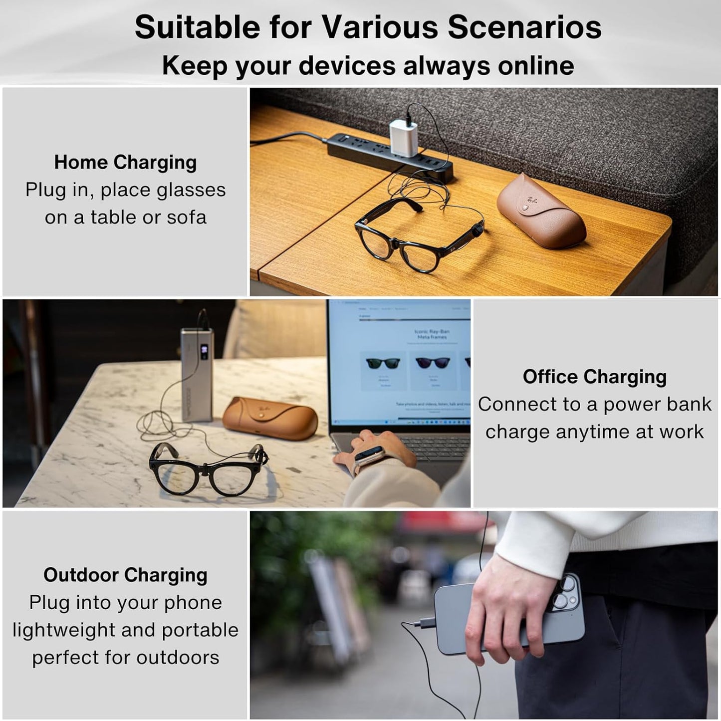 USB C Charging Cable for Meta Glasses with USB-C Charger